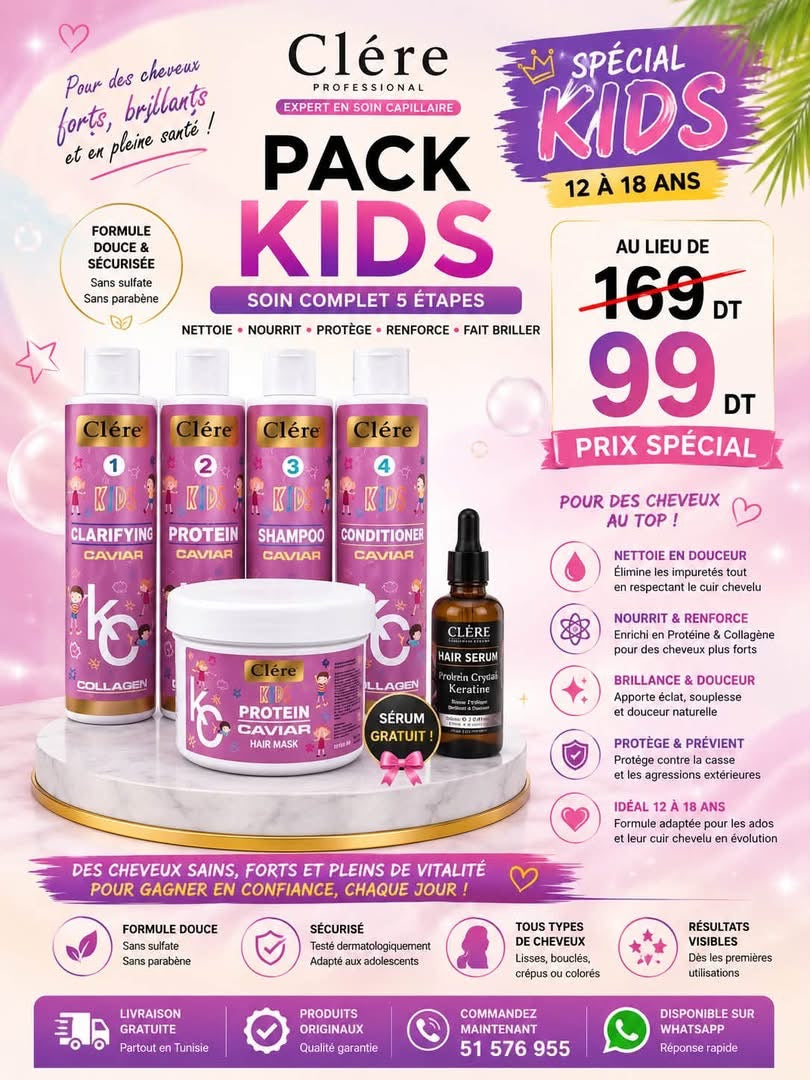 Pack Kids Cléré 12 à 18 Ans – Soin Capillaire Complet 5 Étapes + Sérum Offert